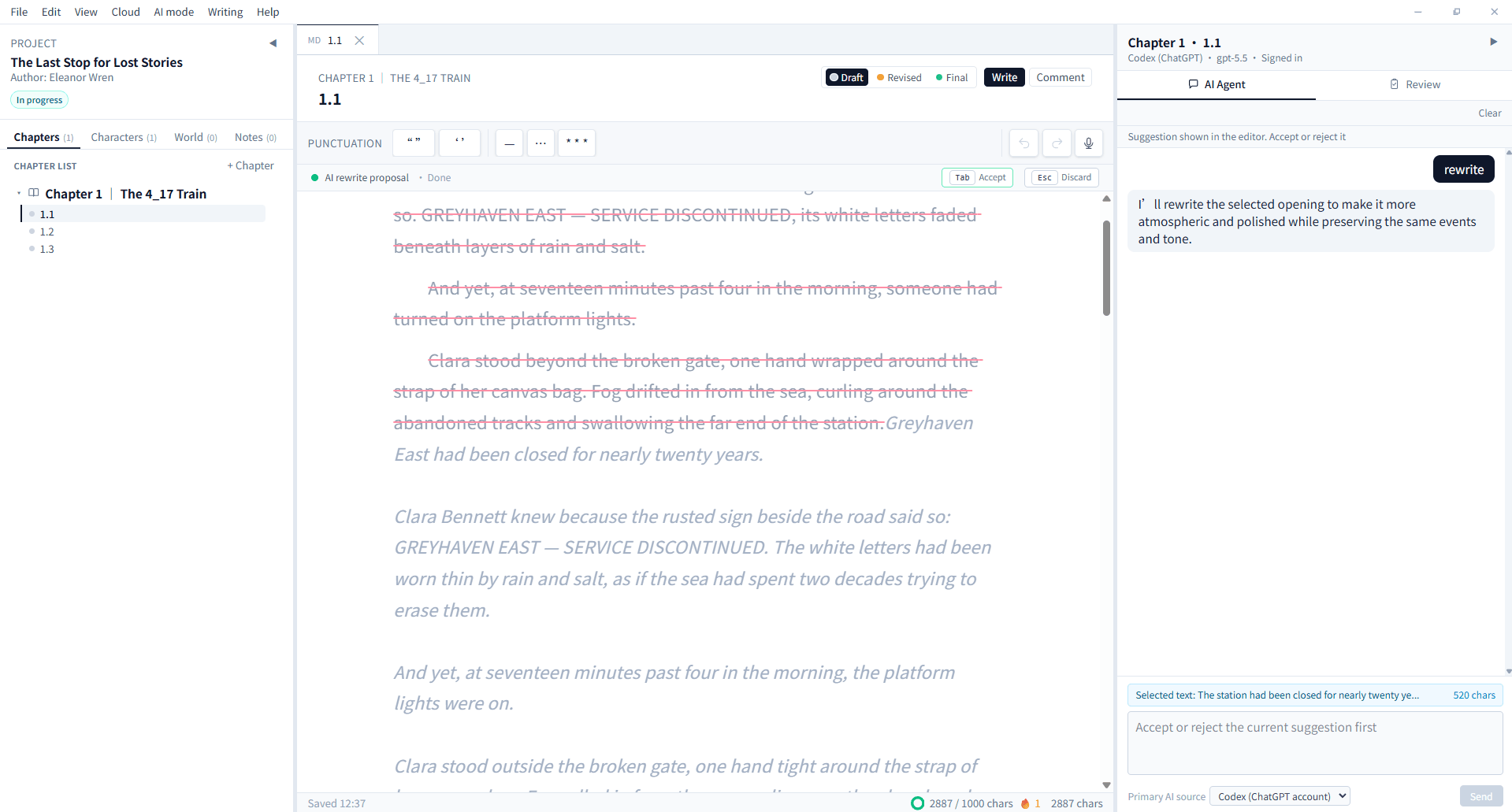BeNovel English AI rewrite proposal with visible diff