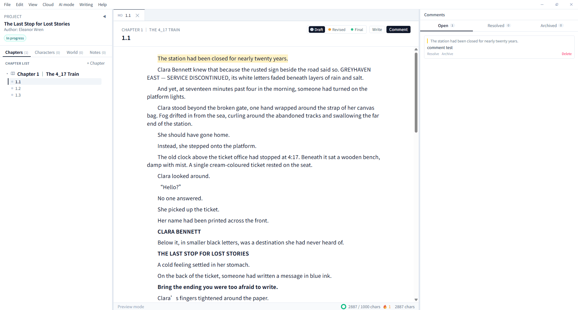 BeNovel English selected passage and comments panel