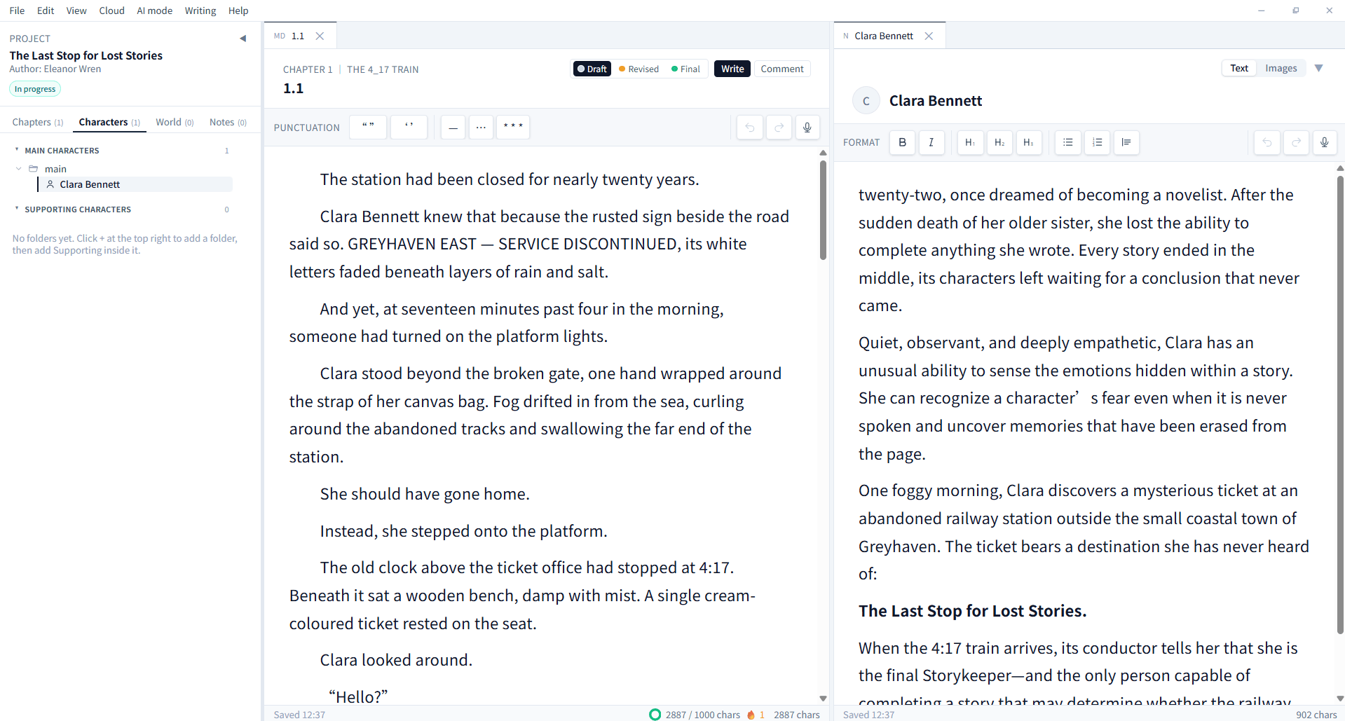 BeNovel English manuscript and character profile side by side