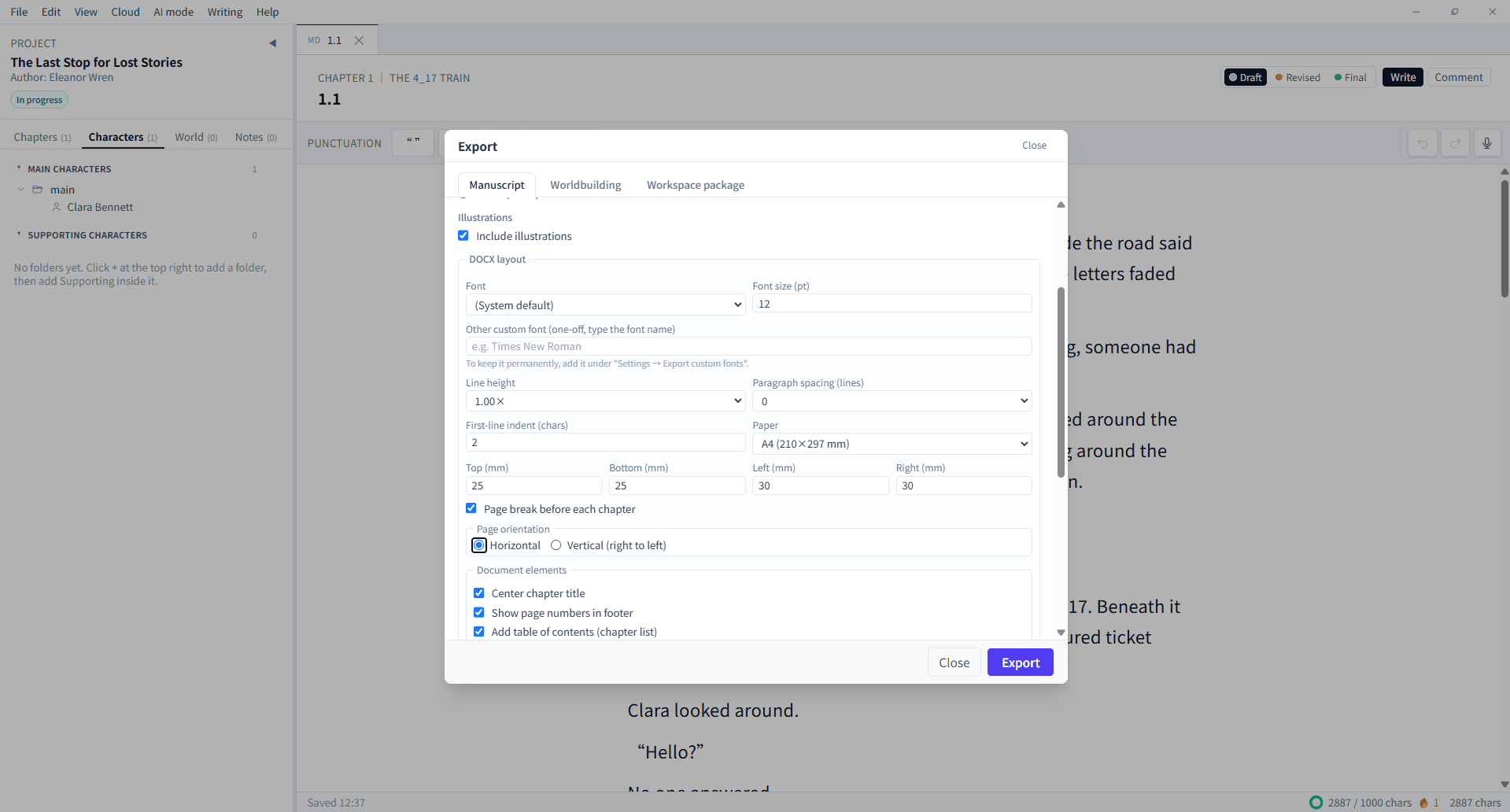 BeNovel English DOCX and workspace package export settings